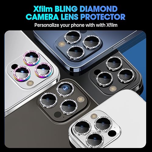 Xfilm for iPhone 15 Pro/iPhone 15 Pro Max Camera Lens Protector Bling Individual Metal Diamond Ring 9H Hardness Scratchproof Protector, Stylish Accessories, Case Friendly (Silver Diamond)