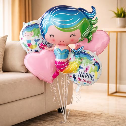 Image of Wanna Party Mermaid Foil Balloons - Set of 5 Pcs Foil Balloons for Birthday Decorations | Mermaid Theme Foil Balloons | Mermaid Balloons for Decorations | Birthday Decorations for Girls