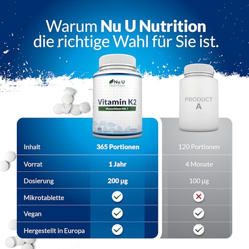 Vitamin K2 MK7 200µg Hochdosiert- 365 Vegane Tabletten, keine Kapseln - 12 Monate Vorrat - 200mcg pro Tablette - Vit K2 MK-7 Menaquinon - Nu U Nutrition