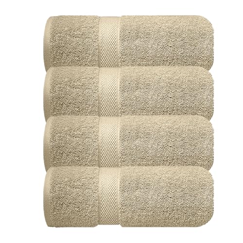 Image of Sulfar 100% Combed Cotton, Quick Drying Highly Absorbent Thick Bathroom Towels, Luxury Bath Towel Set (Pack of 4, 70 X 140 cm) - 600 GSM (Beige)