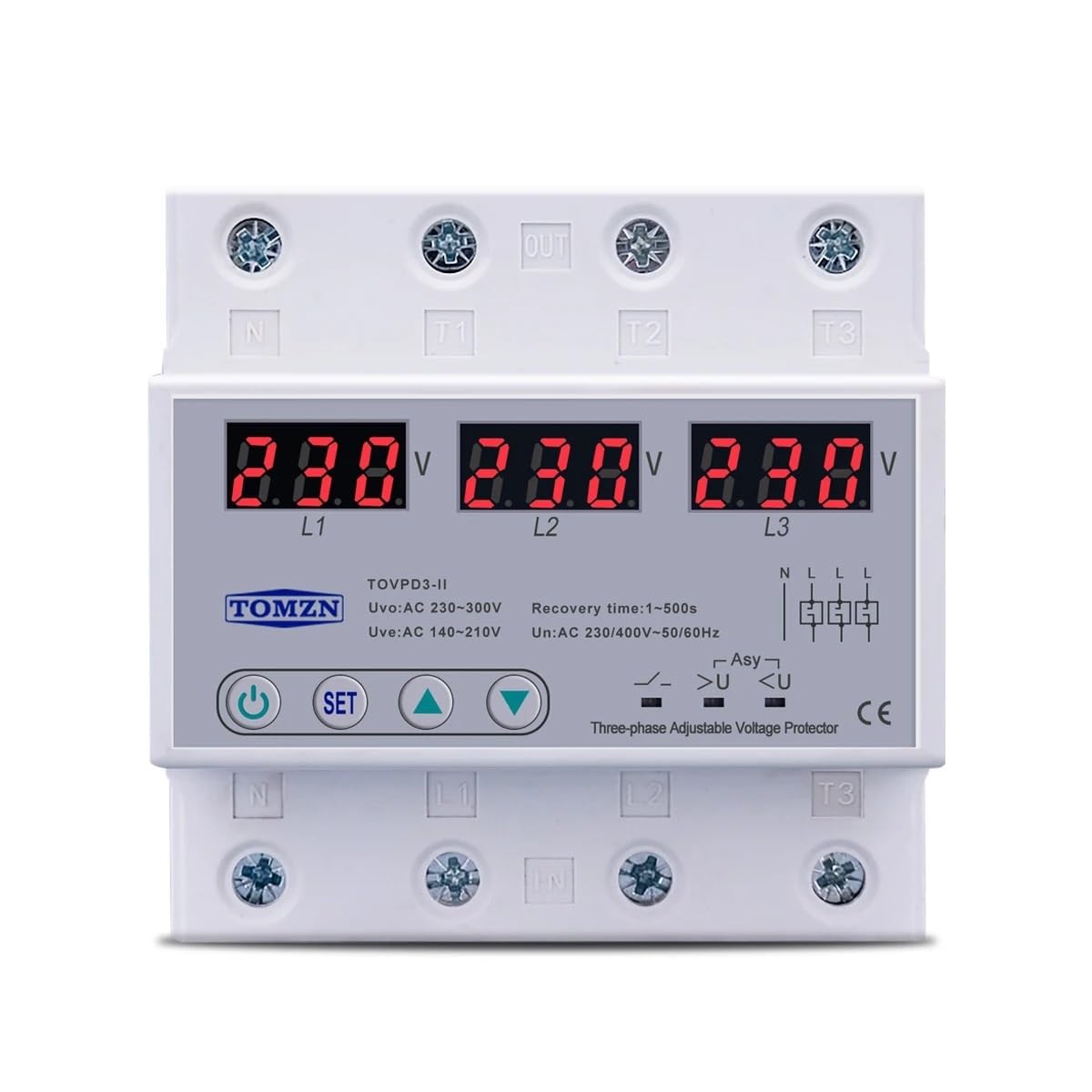 Magnetotermico 16a Voltímetro trifásico ajustable Protector de sobretensión y bajo voltaje dispositivo de protección de recuperación automática trifásico reinicio 63A 380V Magnetotermico