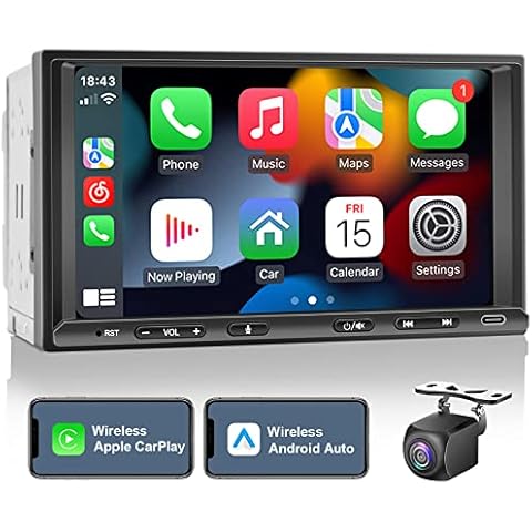 Double Din Car Stereo Radio Wireless CarPlay & Wireless Android Auto, 7in Touchscreen Car Audio Receiver with Bluetooth,Rearview Camera,AM/FM, GPS Navigation,Mirror Link,Subwoofer,USB/AUX/SWC Cover
