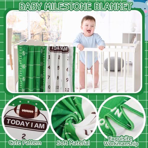 Image of Football Monthly Milestone Blanket for Baby Boys Flannel Blanket Newborn Infant Swaddle Baby Growth Blanket Photography Background with Wooden Signs,Frames,Bib