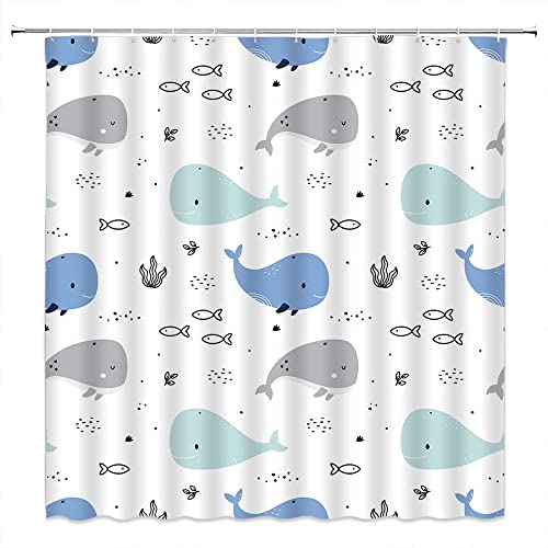 VPUPCN Cartoon Whale Shower Curtain Cute Ocean Animal Blue Gray Abstract Fish Nautical Theme Funny for Kids Girls Boys Polyester Curtains Bathroom Decor with Hooks 70