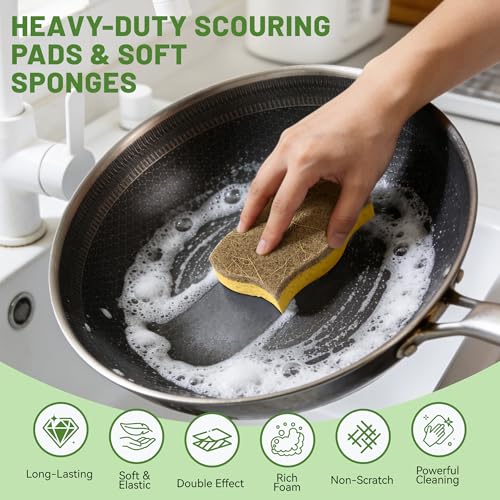 Image of LILAC 12 Pack Natural Cellulose Sponges for Dishes - Non-Scratch Kitchen Scrub Sponges - 100% Biodegradable & Eco-Friendly Cleaning Sponges for Non-Stick Cookware, Bathroom & Household(Yellow)