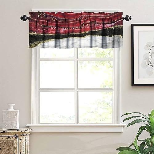 Image of Black White Burgundy Marble Window Valance Curtain, Abstract Modern Ink Texture Maroon Gold Veins Unique Ombre Window Valances Treatments for Kitchen Living Room Cafe Decor 54'x18', 1 Panel