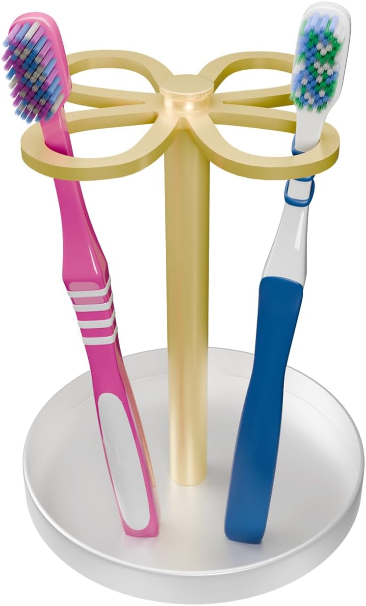 Metal Toothbrush Holders for Bathroom with 4 Slot Gold and White Tooth Brush Holder Stand and Non-Slip Base, Countertop Organizer for Family and Hotel,Compact Design
