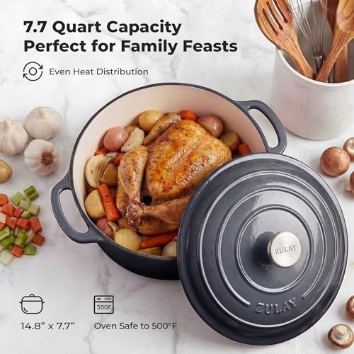 Image of Zulay Kitchen 7.7 Quart Enameled Cast Iron Dutch Oven Pot with Lid - Premium Durability & Oven Safe up to 500F - Heavy Duty Cookware Perfect for Bread Baking, Stews, Braising & Roasting - Gray