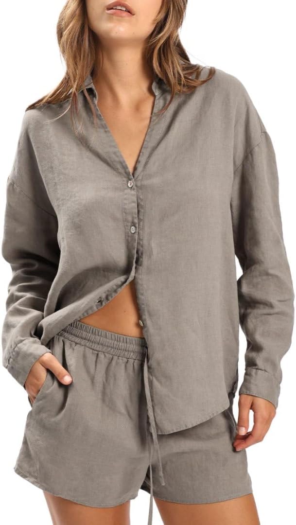 Amazhiyu Women's 100% Linen Plant-Dyed Long Sleeve Button-Down Shirt Blouse