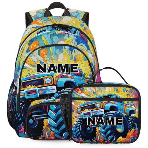 Custom Monster Truck Backpack Lunch Box Bag with Name, Personalized Shoulder 18 Inch Backpack with Adjustable Straps for Women men Cars Monster