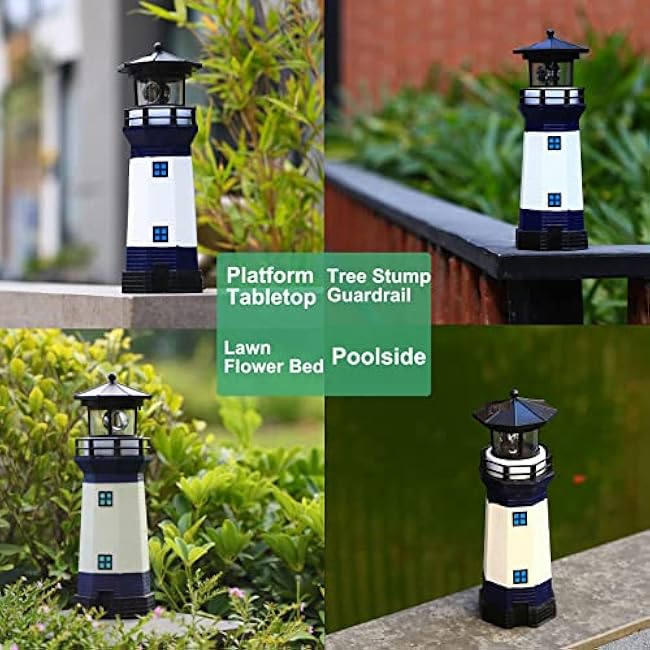 Lighthouse with Rotating Beacon LED Lights - Solar Lighthouse Lamp Outdoor Decorative for Garden Patio Well Cover Gifts(Blue2)