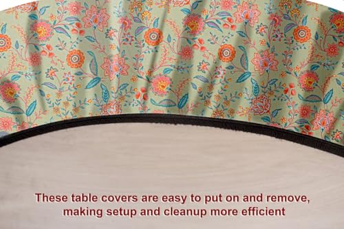 Image of The Furnishing Tree Elastic Cotton Round Center Table Cover 28 in Inches Floral Multicolor on Green Base