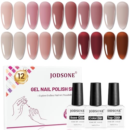JODSONE Juego de 12 esmaltes de uñas de gel, 10 colores translúcidos de gelatina natural, elegante y duradero para el uso en casa y en el salón