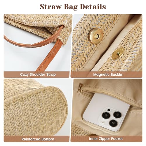 Image of Tavaleu Straw Beach Bags for Women, Tote Handbag Shoulder Bag for Women, Beach Straw Purse Buckets Summer Fashion Hobo Bags