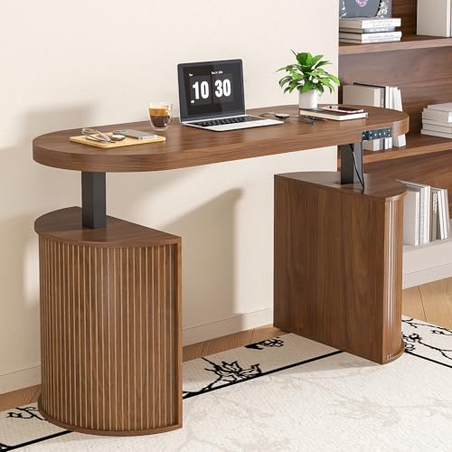Image of Mid Century Modern Electric Standing Desk with Storage, 55 x 22 Inch Small Sit Stand Up Desk, Wood Adjustable Height Computer Executive Desk for Home Office, Laptop, Walnut