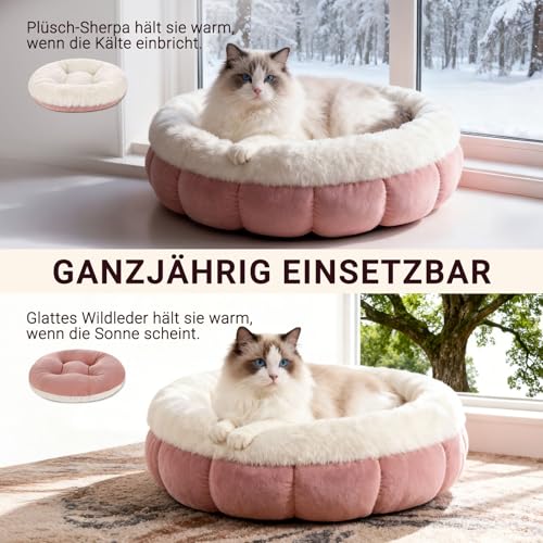 EDMIENS Katzenbett Klein, Katzenbett Flauschig Waschbar, Katzen Bett Indoor, Katzenkissen Rosa, Rund Katzenkörbchen mit Rutschfester Basis, Katzenschlafplatz für Katzen, Kleine Hunde, 45x45x16.5cm