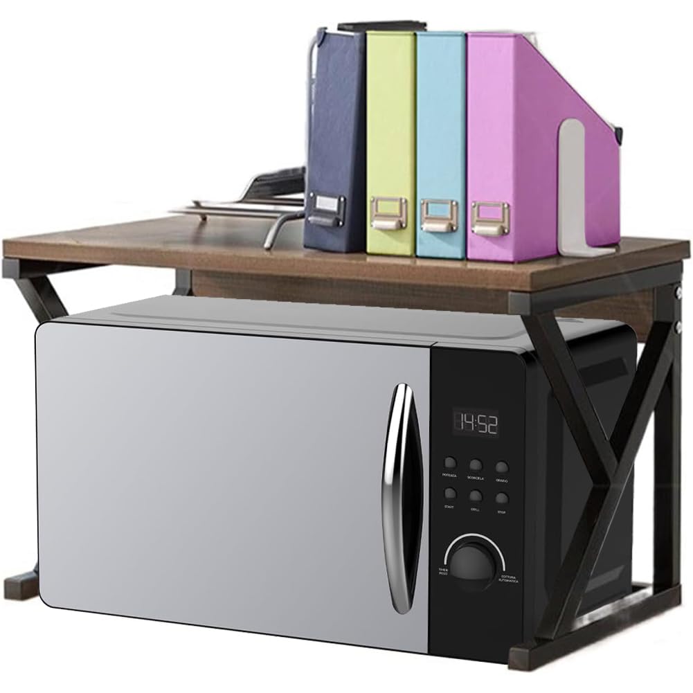 Shally Dogan Scaffalatura Salvaspazio Porta Microonde in Acciaio e Legno, Scaffale da Cucina con 1 Ripiano, Unità di Mensole Piedini Antiscivolo, Mensola Multiuso Design Moderno (Noce + Nero)