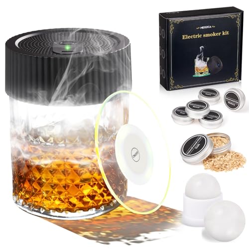Mexlyca Electric Whiskey Smoker Kit - mit 6 Aromen Holz, No Butane Needed Electric Cocktail Smoker Kit, Drink Smoker Kit Geschenke für Männer/Vater/Ehemann - LED beleuchtet Untersetzer
