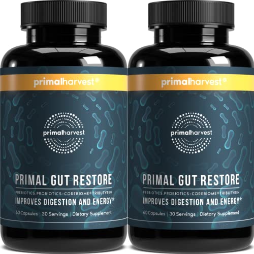 Primal Harvest 2 Pack, Restore for Gut Health, Primal Gut Restore w/ POSTbiotics, PREbiotics and PRObiotics for Women and Men, 60 CT - Digestion, Colon Cleanse, - Helps Leaky Gut Repair