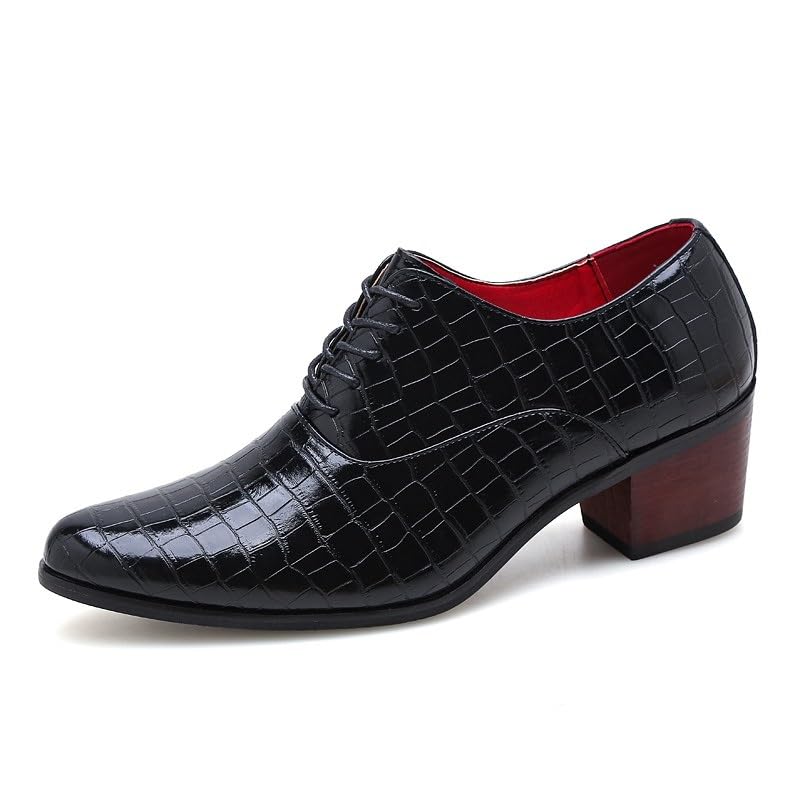 Battle Men Men’s Pointed Toe Lace-Up PU High Heel Oxford Dress Shoes – Plaid Embossed Formal Footwear for Wedding & Events