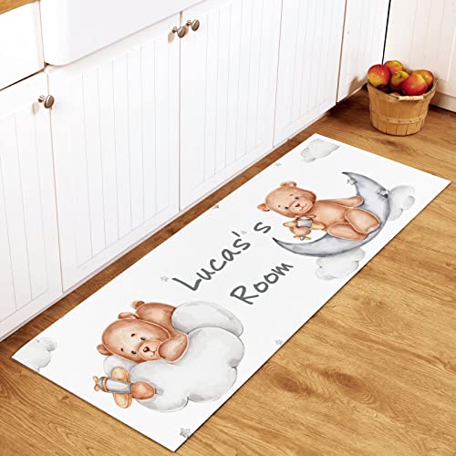 SunFancy Teddy Bear Sits on Moon Custom Washable Decor Kitchen Rug Floor Door Mat, Personalized Anti-Slip Bathroom Living Room Garden Rugs