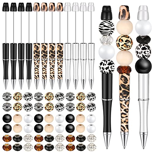 12 Set Plastic Beadable Pens Assorted Wood Crystal Spacer Round Beads Black Ink Ballpoint Pen Diy Pen Set For Women Kids Gifts School Office Supplies (Animal Print) #TOP10