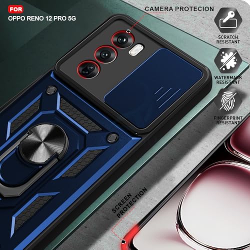 Image of AESTMO Polycarbonate Tough Armor Oppo Reno 12 Pro 5G Bumper Back Case Cover|Ring Holder&Sliding Camera Shield Cover|360 Degree Protection Back Case Cover for Oppo Reno 12 Pro 5G(Blue)