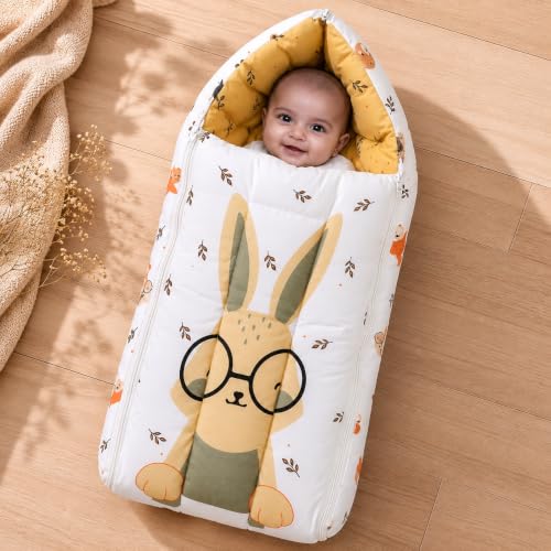 Image of Krildo 3 in 1 Baby Sleeping Bag & Carry Nest for Newborn, Portable Bamboo Cotton for 0-6 Months Infants, Holding Set, Soft & Lightweight (Honey Bunny)