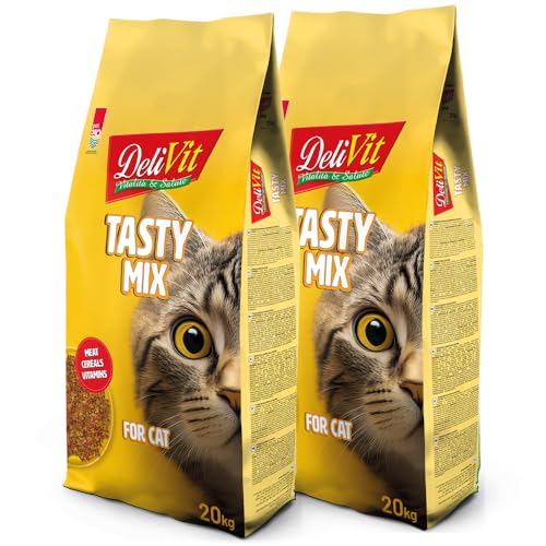 DeliVit Tasty Mix - Croccantini per Gatti Adulti 40 kg (2 confezioni da 20 Kg) | Mix di 3 Gusti con Carne | Nutrizione Quotidiana