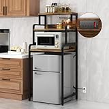 DKFNCL 4- Tier Mini Fridge Stand Shelf with Power Outlet, Double-Purpose Rack, Mini Fridge & Microwave Oven Stand Table, Bar Cabinet, Free Standing Shelf for Office, Kitchen, Home.