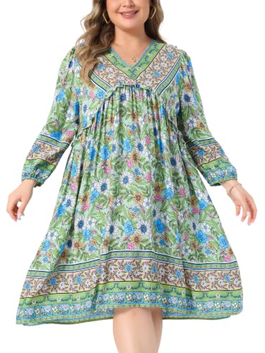 Image of Agnes Orinda Plus Size Summer Dress for Women Casual Boho Floral V Neck 3 /4 Sleeve Midi Short Beach Dress