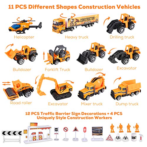 BeebeeRun 27 in 1 Engineering Construction Truck Car Toy Set, Alloy Transport Truck with Workers and Road Signs, Play Vehicles in Carrier Gifts for 3+ Kids Boys and Girls