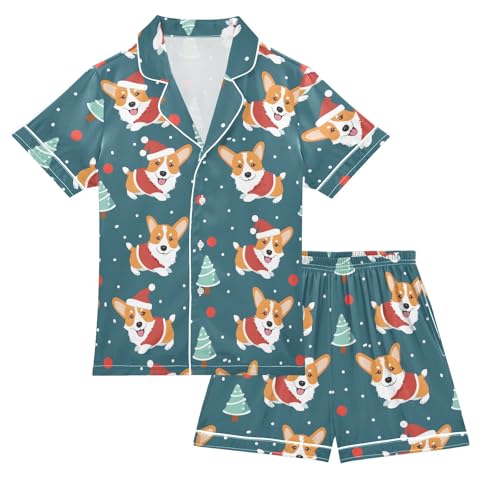 ALAZA Christmas Pine Tree Snow Dog Satin Pajamas Set Short Sleeve Button Down Sleepwear Summer Pjs 2 Piece