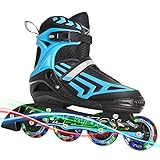 ITurnGlow Boys Adjustable Inline Skates for Kids and Adults with Full Light Up LED Wheels, Outdoor Blades Roller Skates for Girls,Woman, Men and Women Blue