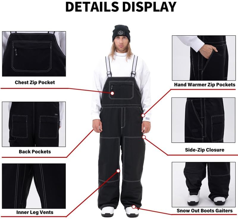 SNOWVERB Baggy Snow Bib Pants Waterproof Ski Bib Overalls Adjustable Snowboard Bibs Winter Snowsports Men