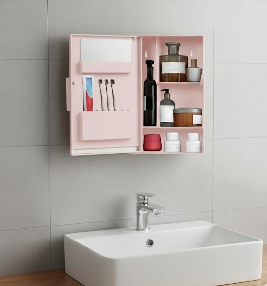 Image of zahab Wall Mounted Bathroom Mirror Cabinet 10x14 Inch | Plastic Storage Cabinet with Mirror | Waterproof Toiletry Organizer | Space Saving Bathroom Shelf (Pink)