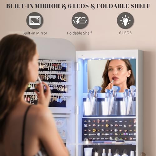 Image of Vlsrka 47.2 inch Wall /Door Mounted Jewelry Cabinet Organizer Armoire W /Mirror | 6 LEDs, Over The Door Hanging Jewelry Organizer with Rounded Corner Mirror, Lockable Full Length Mirror with Storage,White