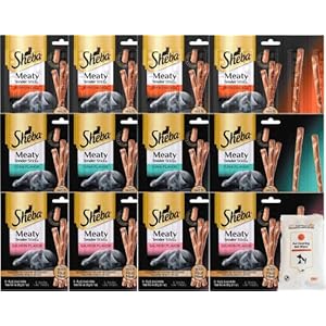 Aurora Pet Cat Treats Variety Pack (12) Sheba Meaty Tender Sticks Bundle: 4 (5 Count) Tuna Sticks, 4 (5 Count) Salmon Sticks, 4 (5 Count) Chicken Sticks with AuroraPet Wipes