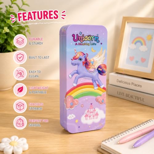 Image of WISHKEY Unicorn Pencil Box for Kids, Large Metal Pencil Case with Multiplication Table, Durable Tin Pencil Box for Girls, Cute Stationery Storage Box for School, Pen Pencil Organizer Purple
