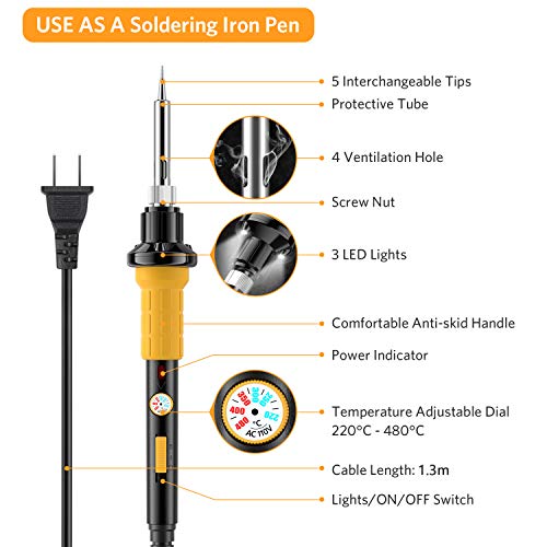 SEEKONE Soldering Iron Kit, 60W Adjustable Temperature 428°F-896°F Welding Tool with 5 Soldering Tips, Desoldering Pump, Soldering Iron Stand, Wire Cutter,Tweezers