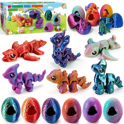 Easter Basket Stuffers,3D Printed Dragon Eggs with Dragon, 6PCS Easter Breaking Dragon Egg Set with Dragon Toy Set, 3D Printing Fidget Toys for Kids&Adults,Easter Decorations, Birthday&Easter Gifts