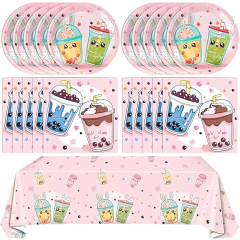 Boba Tea Party Decorations Bubble Tea Birthday Disposable Tableware Party Favors Plate Napkins Tablecloth Set for for Teenager Girls Birthday Decorations Cover