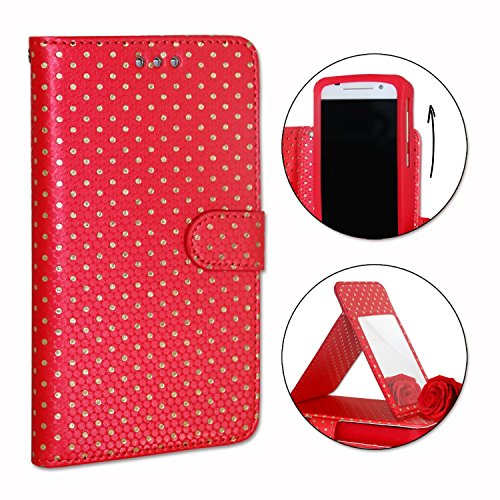 PH26® Etui Housse Folio pour LG L Fino à Pois dorés en éco-Cuir Rouge avec Porte Cartes, Miroir et surpiqures Apparentes
