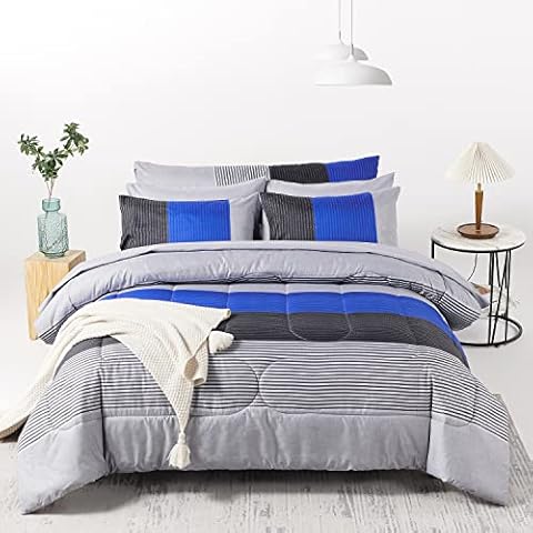 RYNGHIPY 8Pcs Blue and Grey Stripe Comforter Set Full Size, Ultra Soft Microfiber Filling Patchwork Comforter Duvet, Bed Sheets and Pillowcases (Full,Blue Grey) Cover