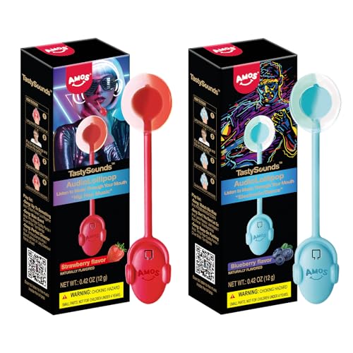 AMOS Audio Music Lollipop Sugar Free, Singing Lollipops Strawberry & Blueberry Combo 2 Pack