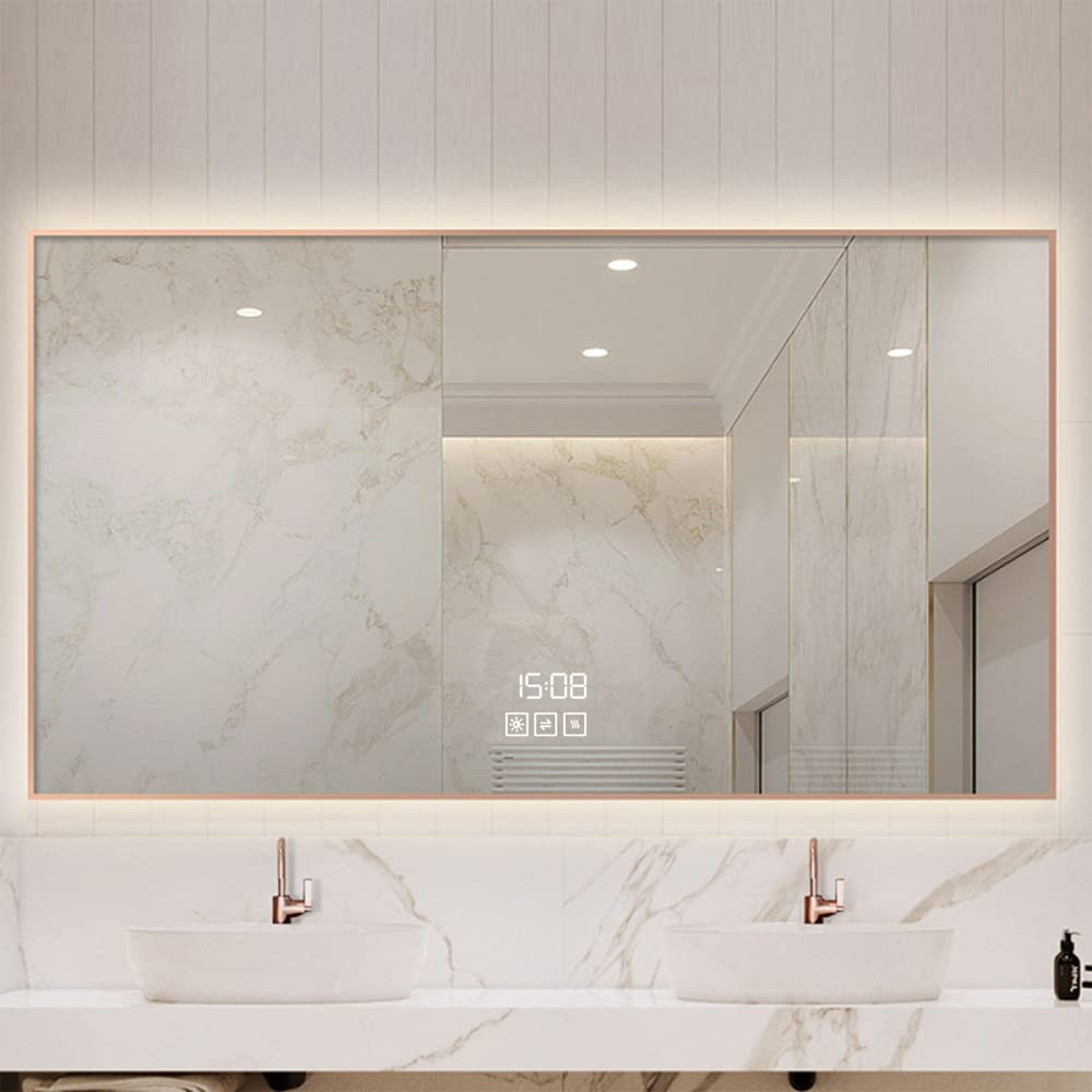 Specchio da Bagno Retroilluminato A LED Specchio da Bagno A LED Specchio Retroilluminato A Parete con Luci Controllo Separato Antiappannamento,Rosegold-90 * 70cm