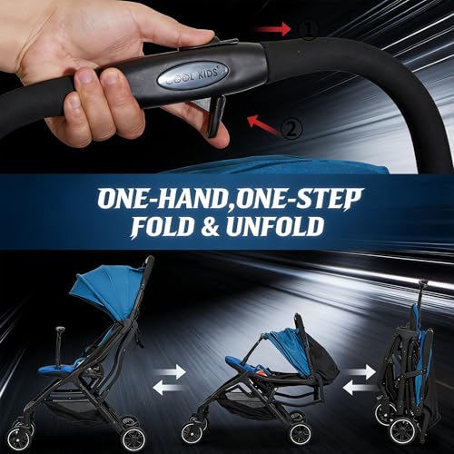 Image of Cool Kids Superb Lightweight Travel Stroller, Compact One-Hand Fold Buggy | Need an airplane approved toddler stroller? Slide folded blue cow pram like rolling luggage through airport security.