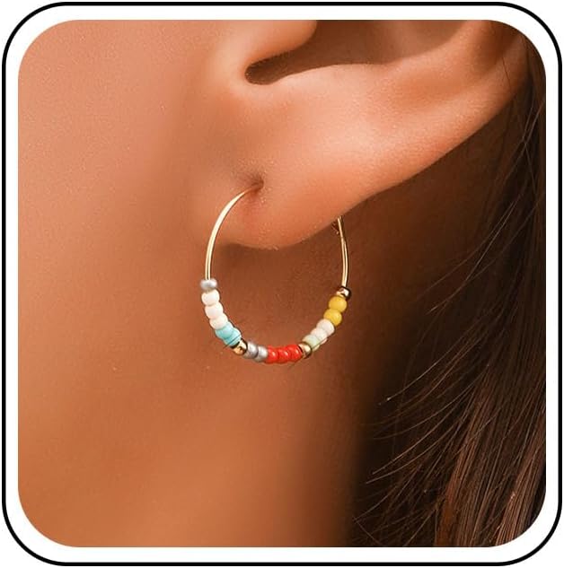 Andelaisi Boho Beaded Hoop Earrings Colorful Seed Bead Circle Hoop Earrings Rainbow Beads Circle Round Hoop Earrings Mixed Seed Bead Hoop Dangle Earrings Jewelry for Women