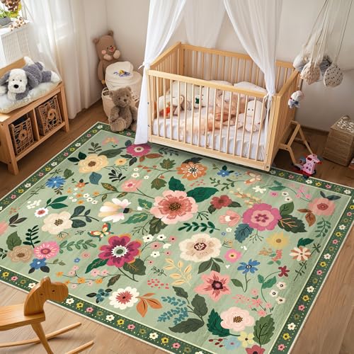 Image of RELEANY Floral Nursery 5x7 Area Rugs Washable Print Boho Cute Carpet Non Slip Flower Low Pile for Living Room Kids Girls Playroom Bedroom Kitchen Office Farmhouse-Light Green