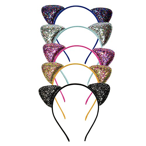 Glittery Cat Ears Headband Pack of Five (5) in Multiple Colors for Girls and Women